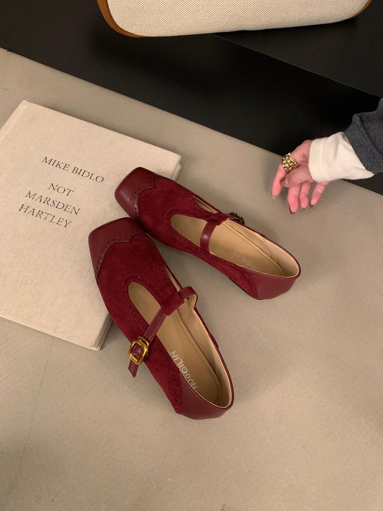 2025 новые французские ретро универсальные туфли Мэри Джейн на плоской подошве, замшевые, с квадратным носком, с неглубоким вырезом, осенние