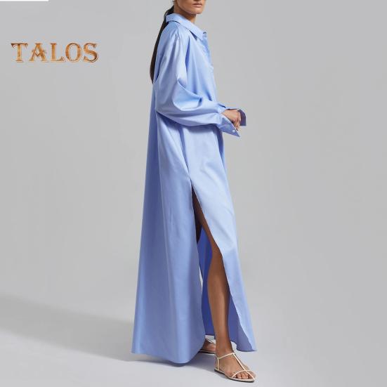 Women Shirt Dress Lapel Long Sleeve Side Slit Design Casual Shirt Solid Color Buttons Closure Maxi Dress Daily Wear