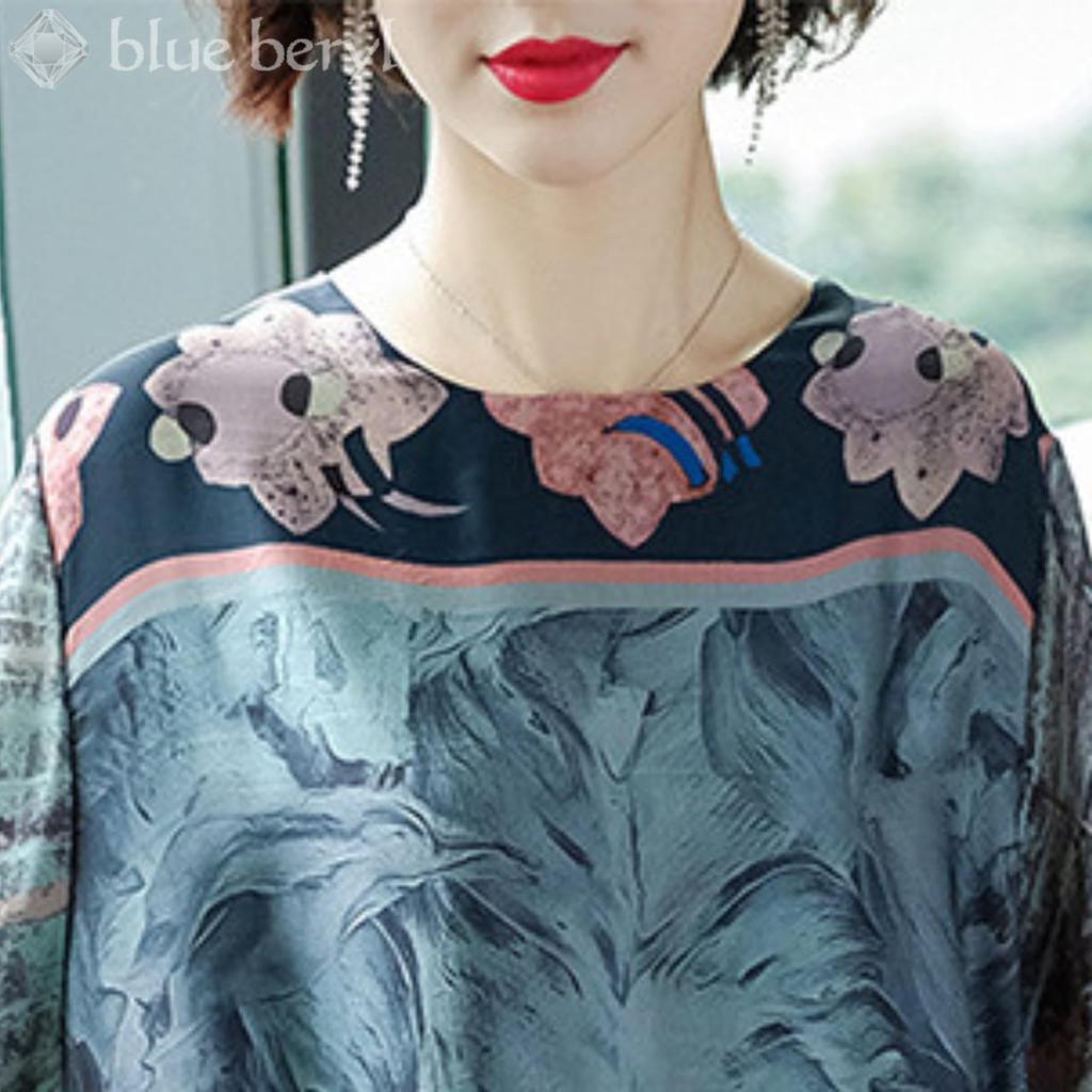 Botanical Chiffon Delicate Machine Sleeve Big Mom Loose Neat Design Women's Dress, A-line, Knee-length, Pattern, Chiffon, 5/8 Sleeves, Lined,