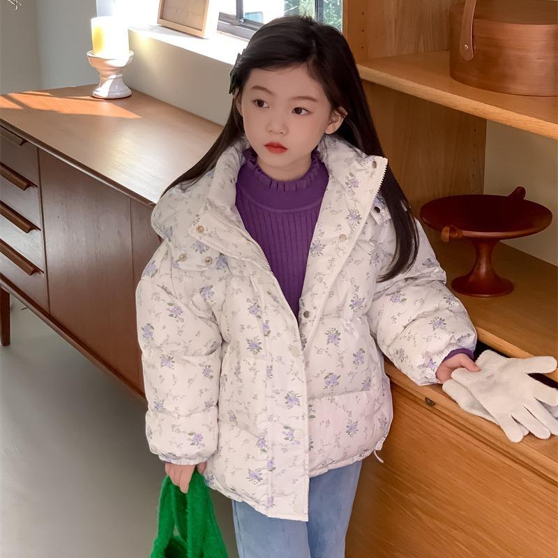 Пуховик для девочек Зимняя одежда Маленький свежий цветочный капюшон с белым утиным пухом Теплая куртка Tide