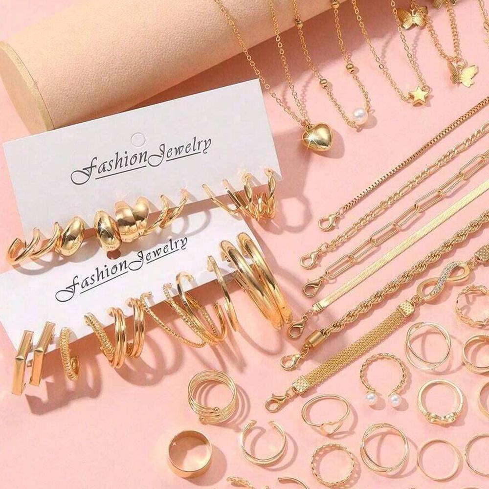 58 шт. в наборе максимальный микс позолоченный металлический комплект ювелирных изделий ожерелье серьги кольца браслеты для женщин аксессуары без коробки в комплекте