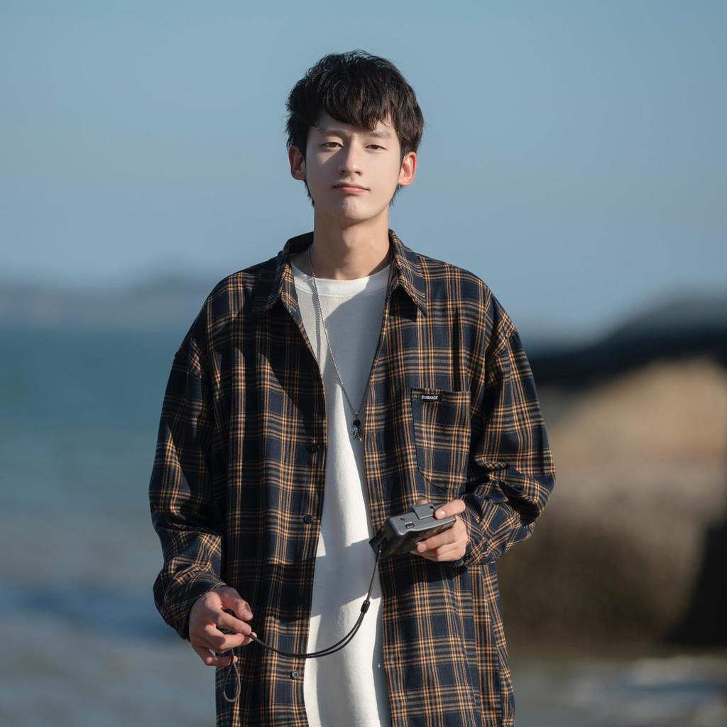 Мужская рубашка в клетку с длинным рукавом в стиле ретро - повседневная куртка на весну/осень