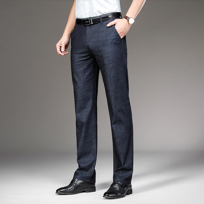 Летние ультратонкие мужские эластичные джинсы, мужские свободные прямые повседневные брюки в деловом стиле