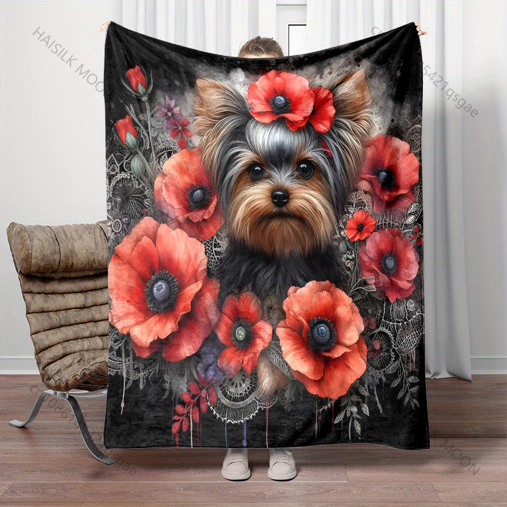 Yorkshire Terrier and Flowers Blanket Warm Soft Fluffy Kids Adult Luxury Gifts for Sofa Bed Home Outdoor Travel Camping Blanket