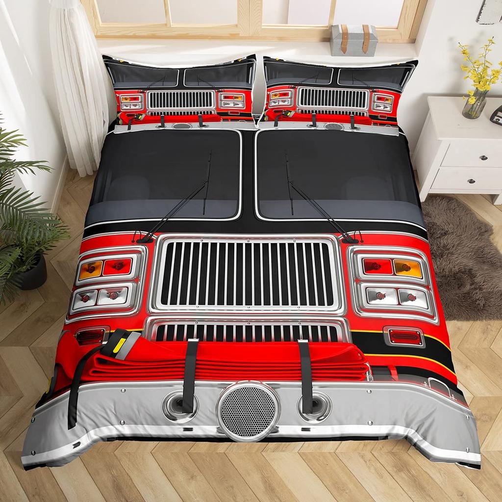 Firefighter Truck Duvet Cover King/Queen Size Red Firemen Car Bedding Set For Kids Boys Girls Fire Engine Polyester Quilt Cover