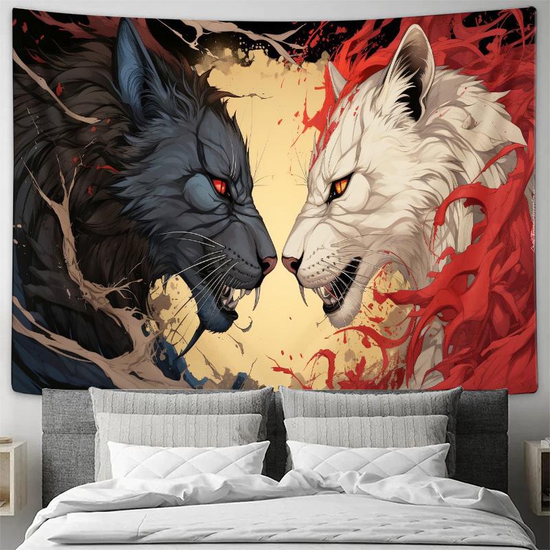 Ice and Fire Wolf Battle Tapestry Unique Art Wall Decor