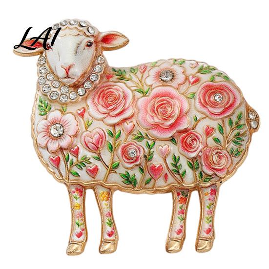 Lamb Brooch Pin Rhinestone Floral for Women Flower Sheep Alloy Lapel Decorative Pin Animal Jewelry Clothing Suits Scarves Bags