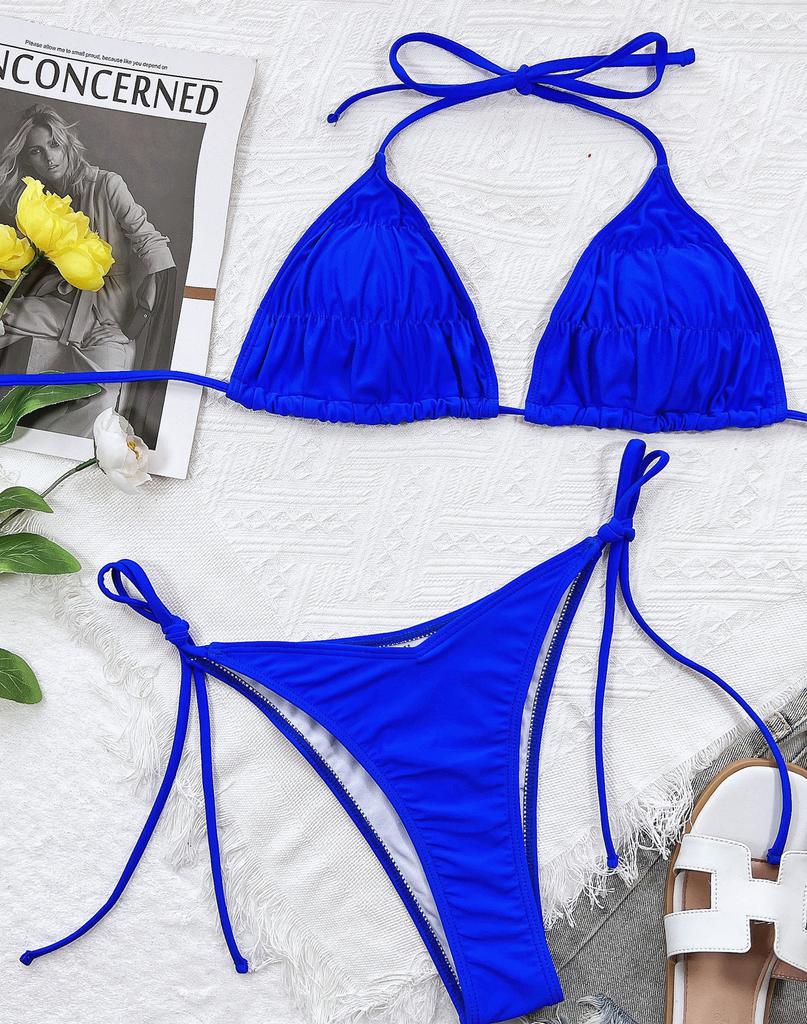 Женский купальник, сплошной цвет, сексуальный комплект бикини с треугольной лямкой и завязкой на спине, 5 цветов