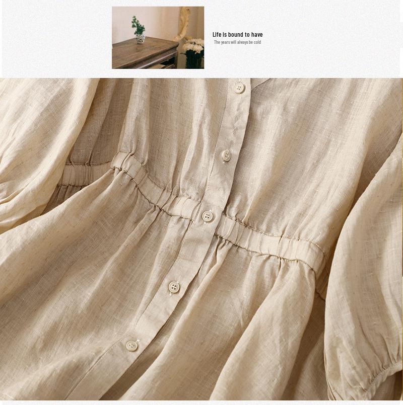 Женский топ из хлопка и льна с V-образным вырезом и приталенным силуэтом на весну/лето 2025 года - Свободный, стройнящий, универсальный, рубашка с рукавом пять четвертей