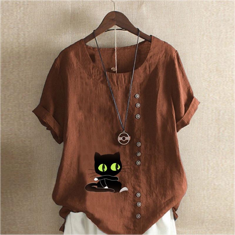 Women's Fashion Round Neck Short Sleeve T-shirt Casual Cotton Linen Graphic Shirt Leisure Loose Black Cat Prined Summer Blouse Tops