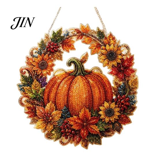 Seasonal Decoration Piece Pumpkin Acrylic Window Hanging Decor, Fall Harvest Wreath Ornament for Holiday Thanksgiving Halloween, Indoor Outdoor