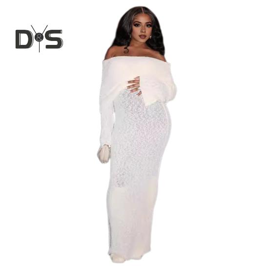 Вязаное платье макси для женщин с длинным рукавом, прозрачное открытое плечо, элегантное длинное платье для вечеринок, пляжа