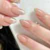 24Pcs Solid Nude Color Fake Nails with Pink Design Short Almond Press on False Nails Wearable Oval Finished Full Cover Nail Tips