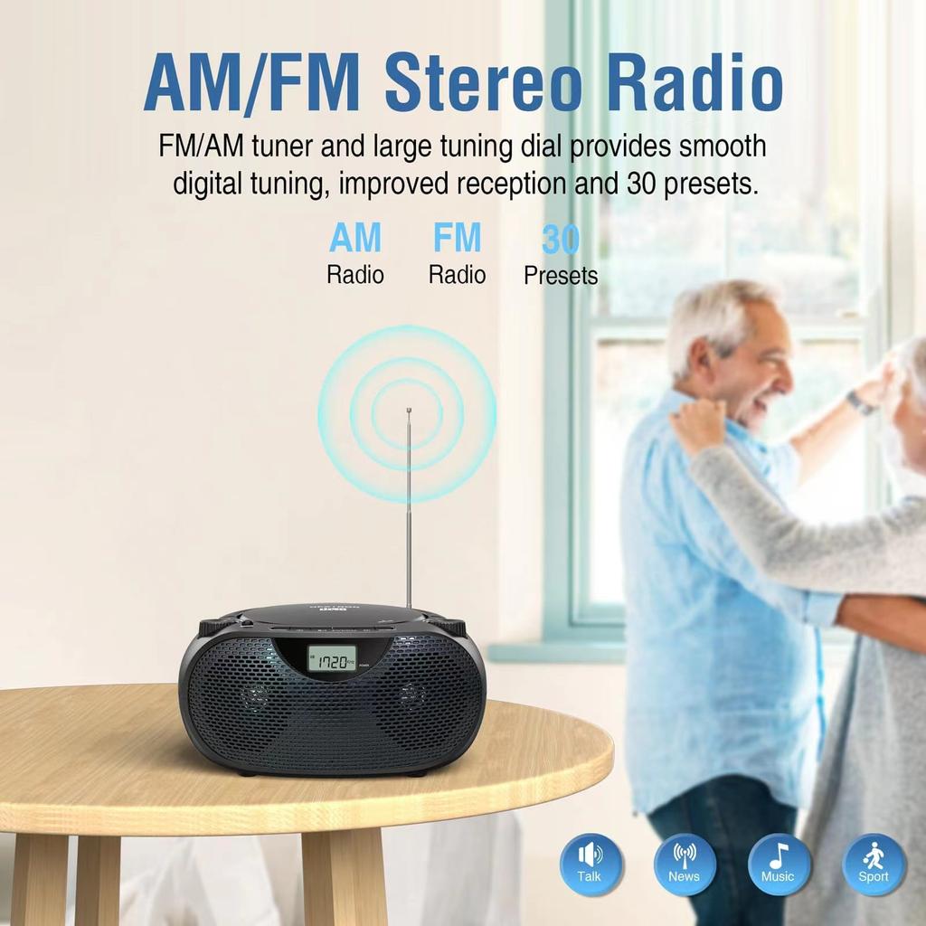 Portable Stereo CD Player Boombox with AM/FM Radio Bluetooth Speaker Player USB Playback