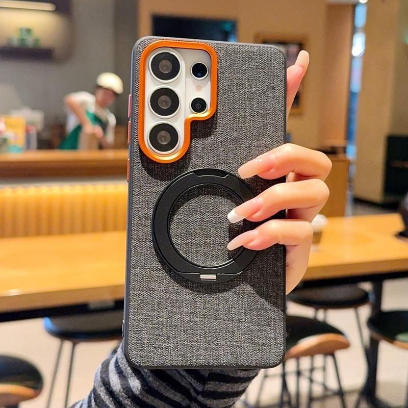 Linen Fabric Case for Samsung S26 Ultra S25 Plus S24 Ultra Magnetic Rotating Stand Metal Buttons Shockproof Soft Edge Cover