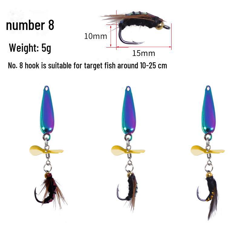 Модификация приманки-приманки: Без литого поддона, блестки в виде моли, пропеллер, микроблестки, крючки от комаров и белые планки, загнутый рот.