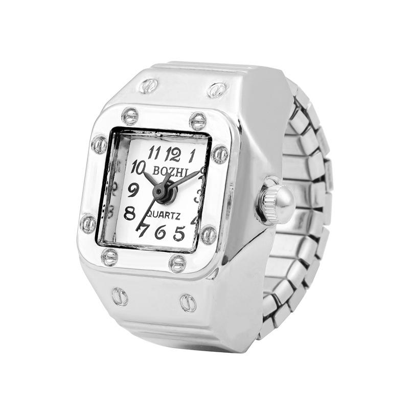 Кварцевые часы-кольцо со стразами и металлическим эластичным браслетом