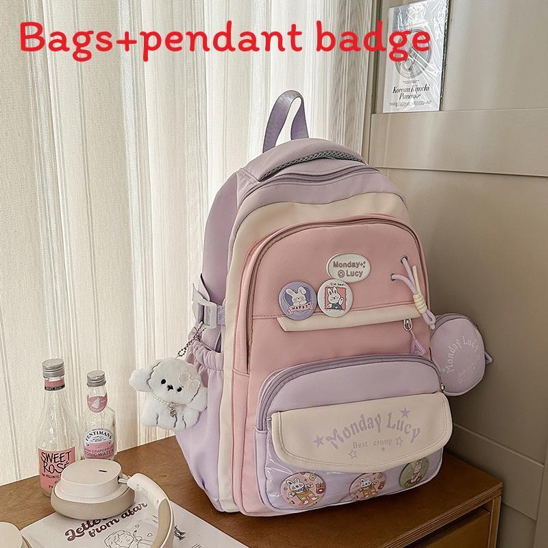 Simple Color Blocked Letter Pattern Student Backpack With Badge Pendant And