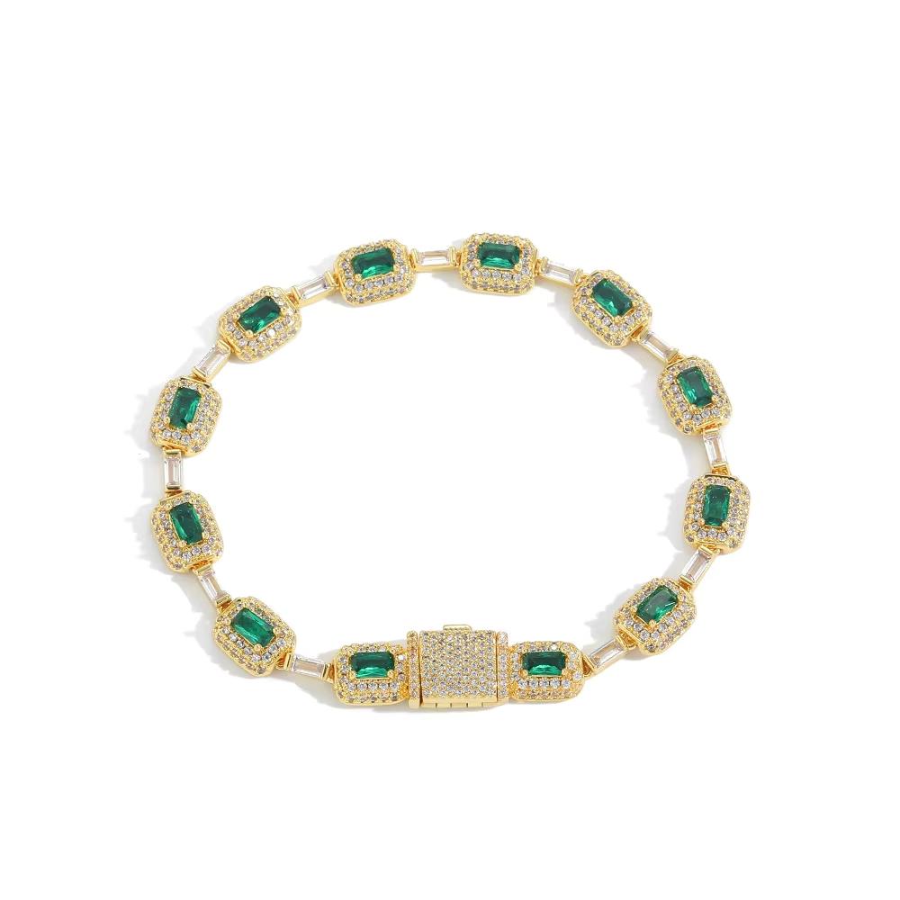 Fashion Geometric Hip Hop Jewelry Baguette Zircon Rectangular Emerald Green CZ Bracelet for Women Gift