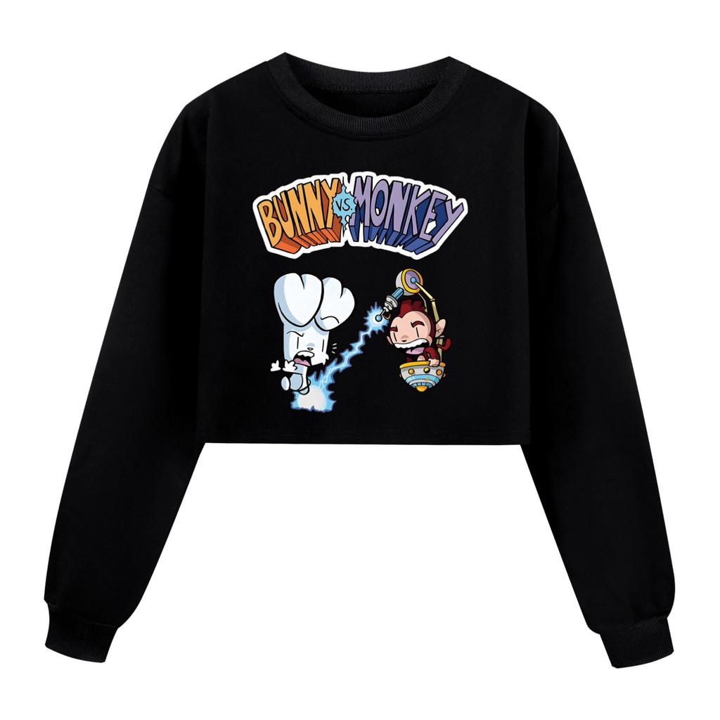 4187 Kids Girls Bunny Monkey Printed Casual Long Sleeves Short Style Sweatshirt