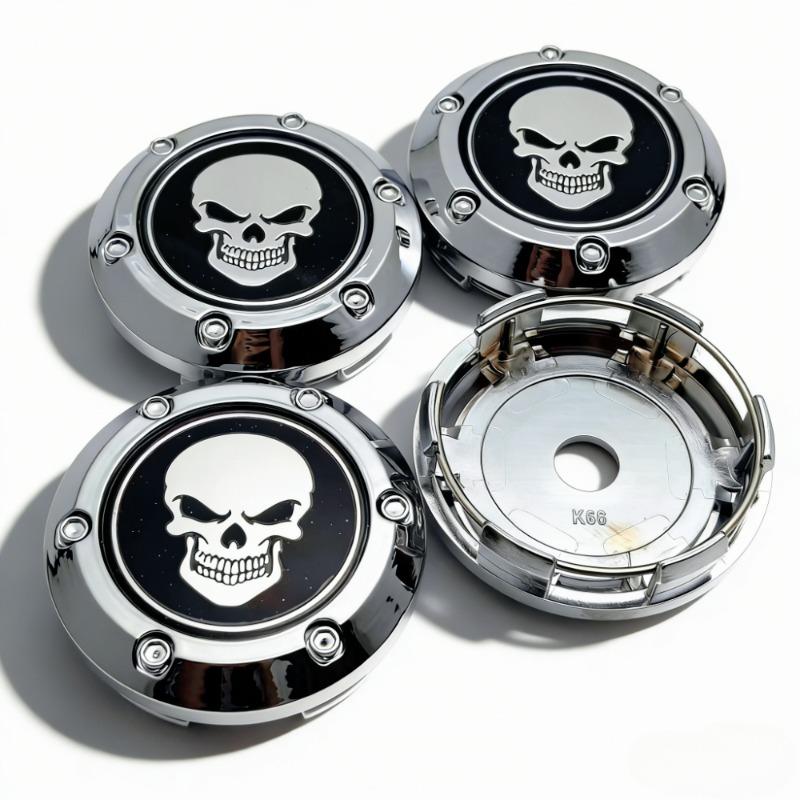 4pcs Skull Logo Emblem Car Wheel Center Caps 66MM Clips 62MM Rim Hubcaps Dust Cover Hub Wheels Cap Replacement Car Accessories