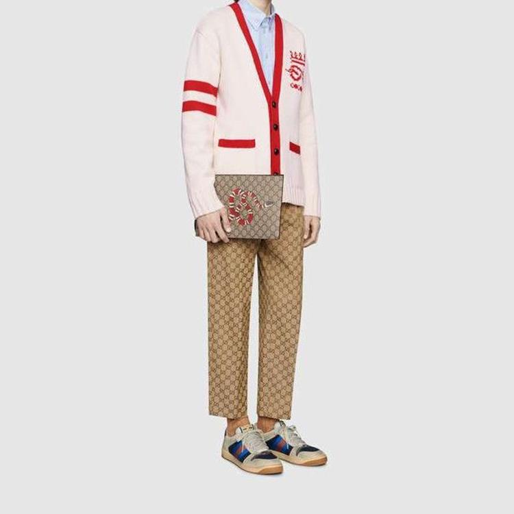 Gucci Coral Snake Print Vintage Logo Detachable Wrist Strap Canvas And Leather Clutch Men clutch Ebony Black 473904-GZN1N-8666