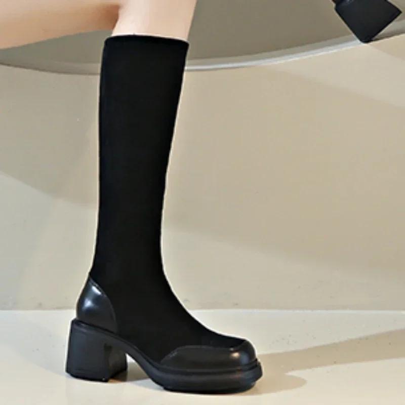 Распродажа женской обуви 2024 года, новые женские сапоги без застежек, зимние сапоги с круглым носком, однотонные, флоковые, теплые, на платформе, водонепроницаемые, модные, высокие сапоги