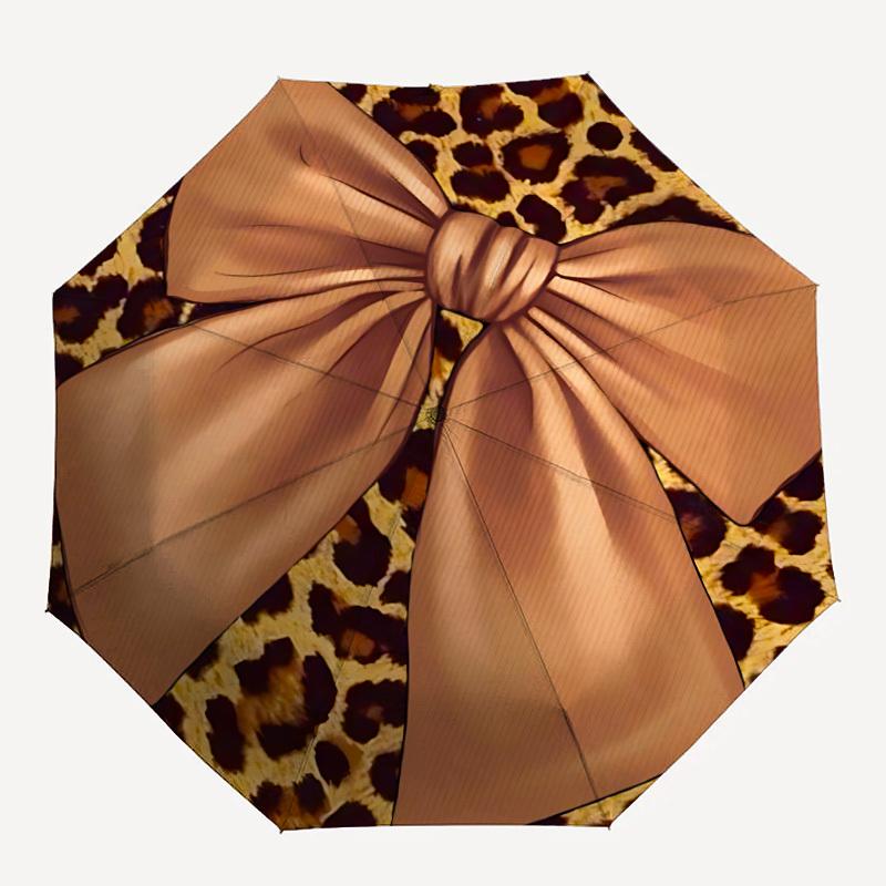1pc Leopard Print Bow Automatic Open/Close Umbrella, Portable Folding Umbrella, Compact Travel Umbrella for157