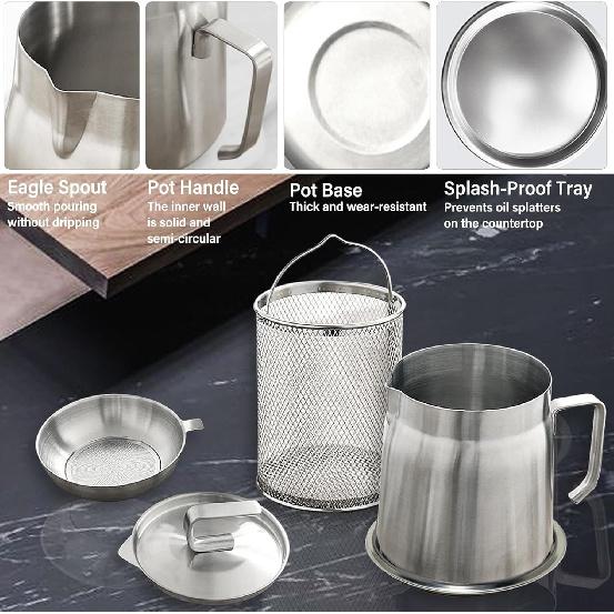 2 in 1 Oil Strainer Pot,304 Stainless Steel Large Capacity Versatile Oil Filter Vessel with Frying Basket,Cooking Oil Container with Splash-proof