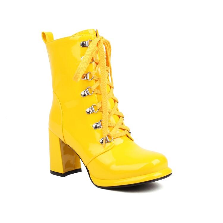 Ярко-желтые лакированные ботильоны для женщин на шнуровке, белые ботильоны на высоком каблуке, женские туфли большого размера 48
