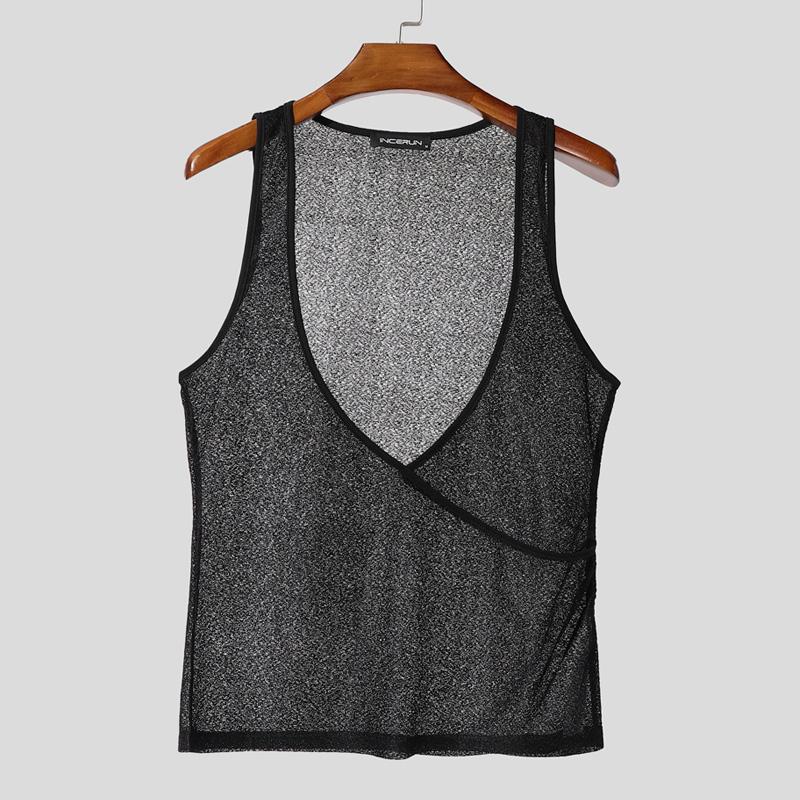 INCERUN Men Deep V Neck Strap Sleeveless See Through Mesh Sheer Tank Tops