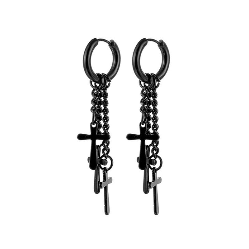WKOUD 1 Pair Stainless Steel Earrings For Man/Women Feather Cross Pendant Long Tassel Unisex Hoop Punk Gothic Piercing Zircon