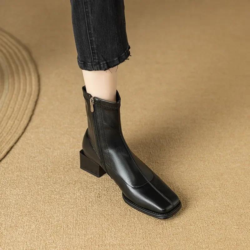 Fashion Square Toe Women Ankle Boots Flock Stretch Shoes Thin Mid Heels Black/Brown/Beige Back Zipper Dress Sock Boots Woman  Size 34-40
