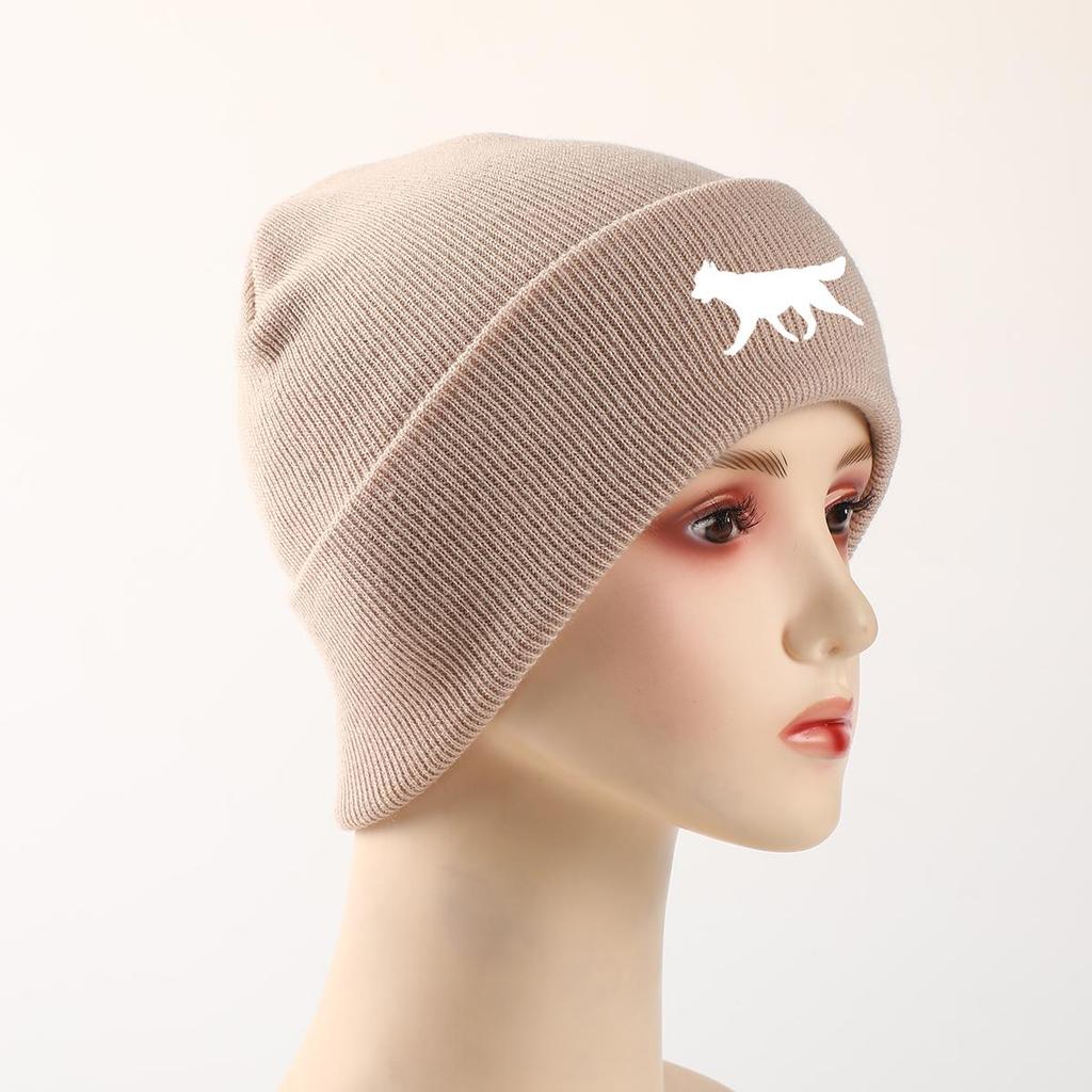 White Wolf Dog Print Knitted Cap Beanie, Animal Man Cap Lightweight Elastic Casual Bobble Hat Knit Hat Beanie