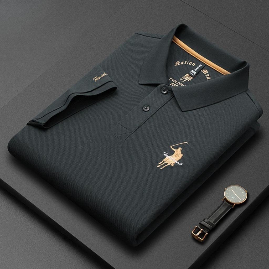 Trend Hub Роскошная вышивка Мужская рубашка поло Тонкая дышащая 100% хлопок Черный Темно-синий Лацкан С коротким рукавом Топы Брендовая одежда