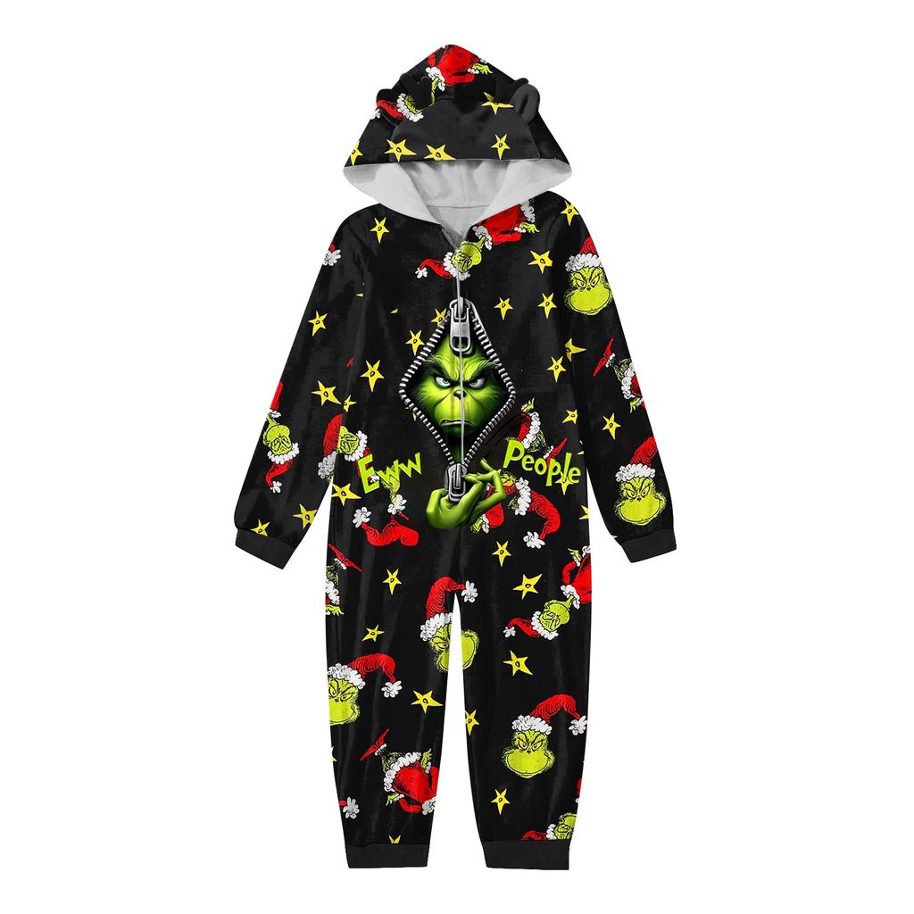 Christmas Print Family Matching Hooded Long Sleeved Zippered Jumpsuit Set