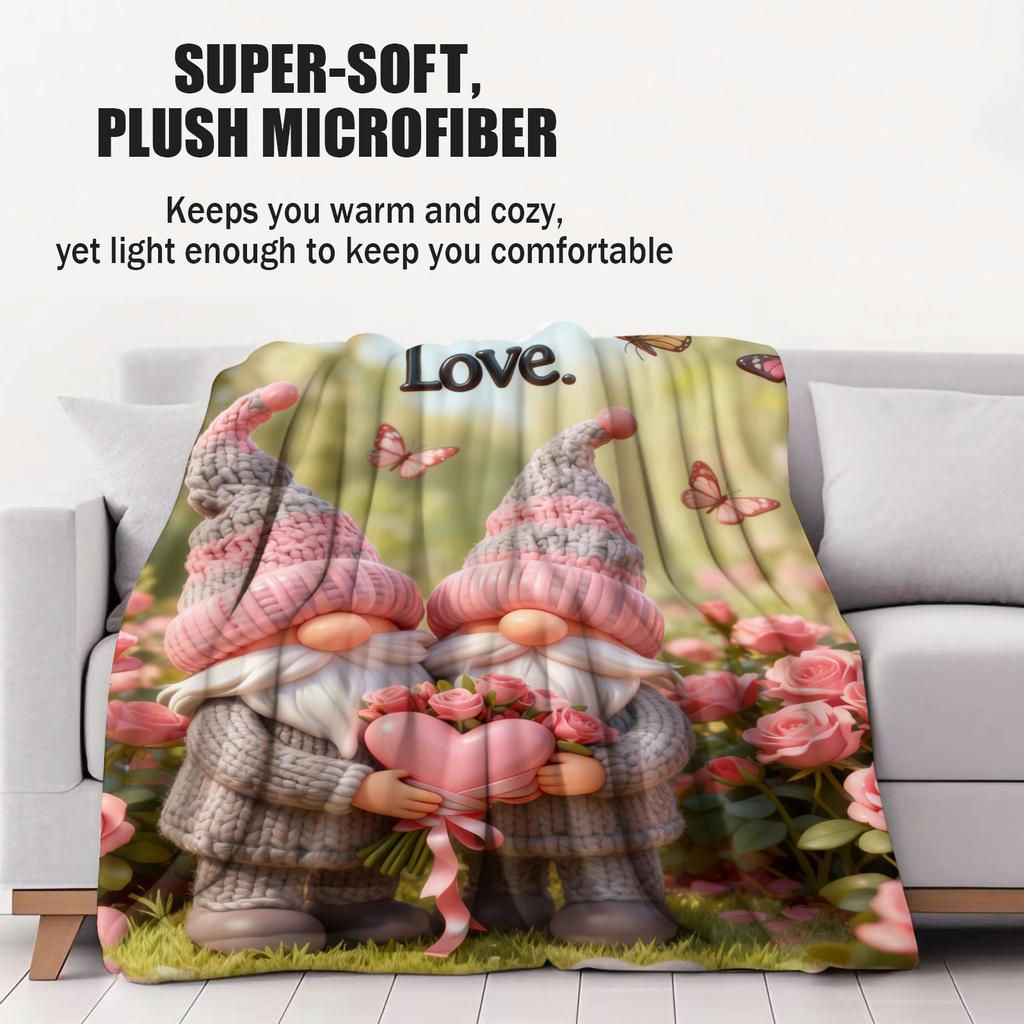 Gnome Couple Love Themed Flannel Blanket Happy Valentines Day Warm Plush Throw for Home Decor Sofa Bed Cover Camping Travel