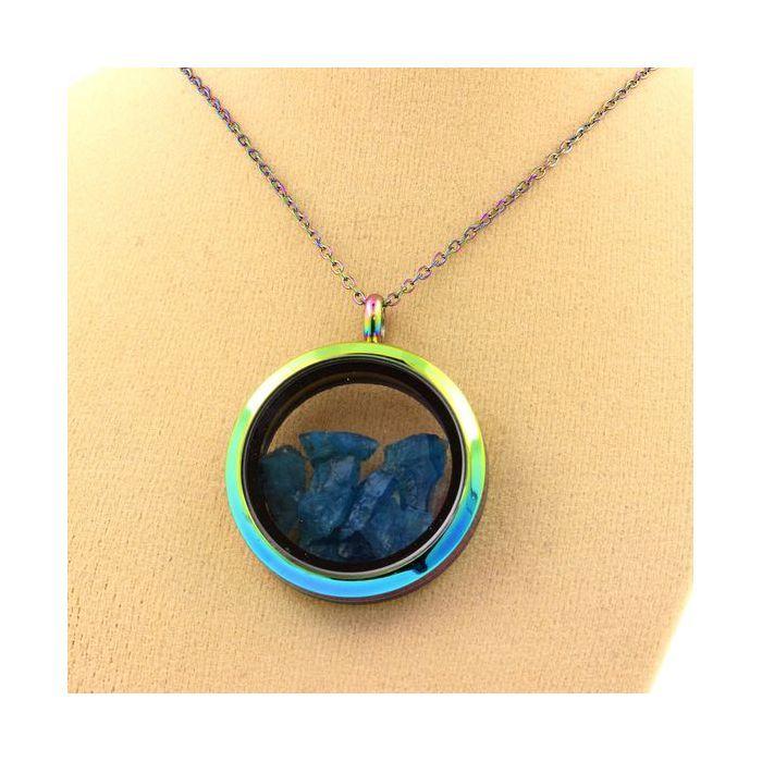 Stones and Minerals. Raw Neon Blue Apatite Necklace. Multicolored Model.