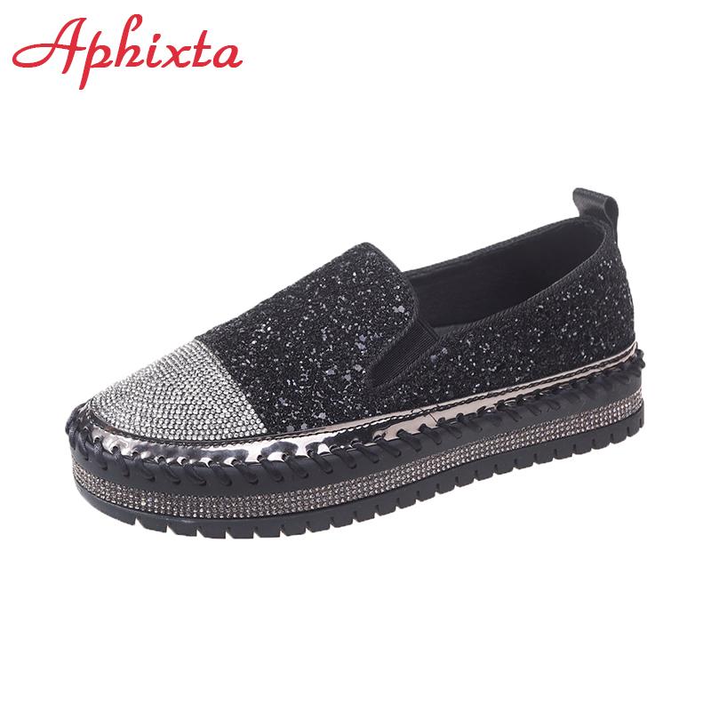 Fashion Aphixta Luxury Crystals Sequined Flat With Platform Shoes Loafers Flats Leather Couple Woman Students Shoes Plus Size 44
