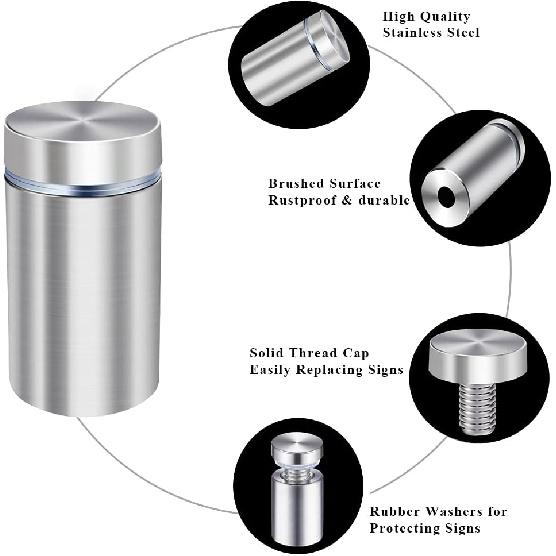 Osring 1 x 1 Inch Sign Standoffs Mounting Hardware 16 Pack, Wall Screw Standoff Holder Stainless Steel Advertising Nails for Displaying Acrylic Board