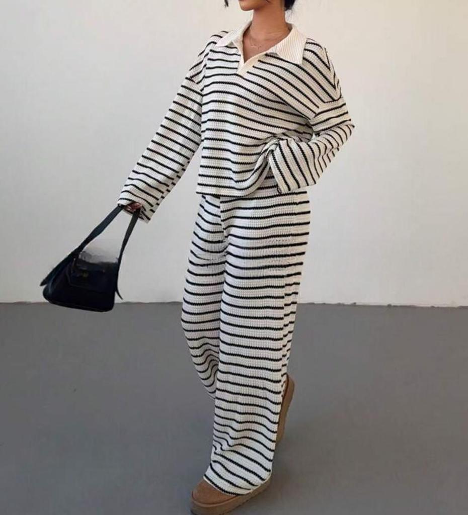 Комплект: Вязаный топ в полоску с лацканами и повседневные брюки, Осень-Зима 2025