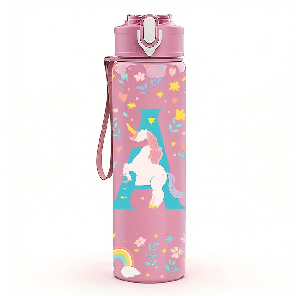 1PC Pastel Floral Letter A 750ml Color Plastic Sports Water Bottle Leakproof Flip Straw Lid Suitable for Sports Office Home Use