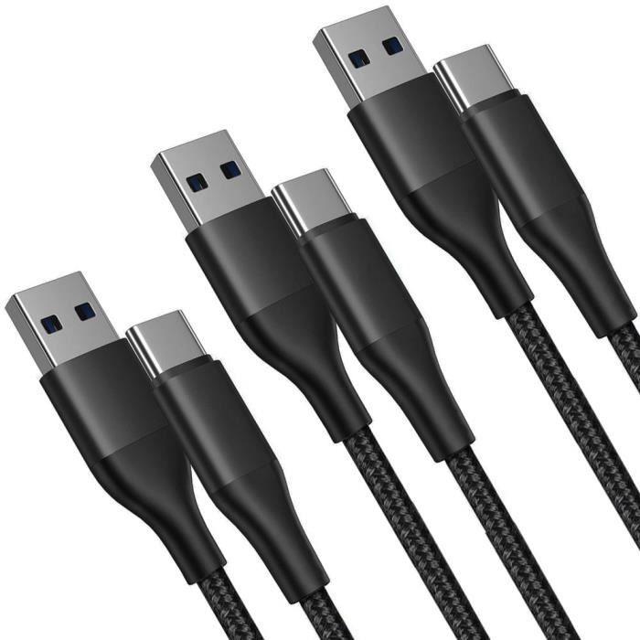Câble USB-C - E.F.CONNECTION - Lot de 3 - Charge Rapide 3A - Nylon Tressé - 1M - Noir