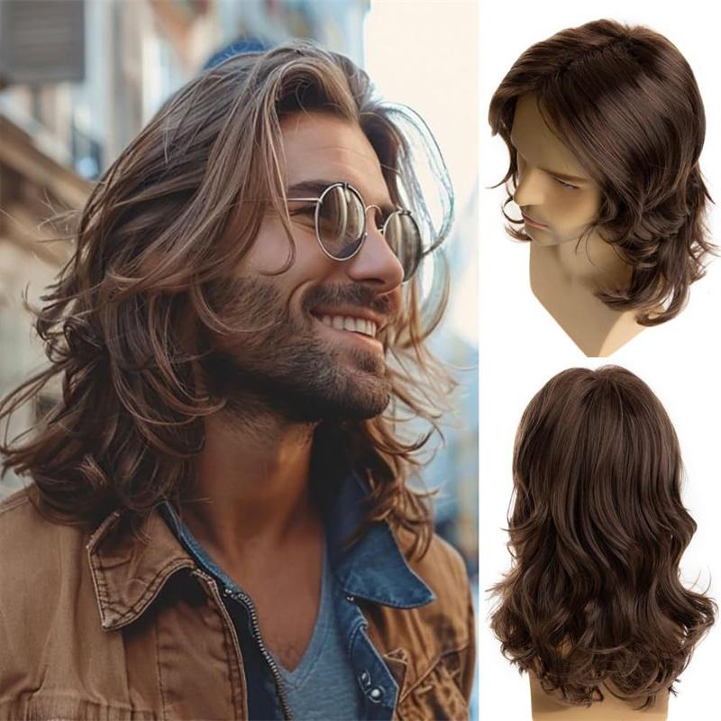 Synthetic Natural Brown Wig Long Curly Hair for Men Daily Use Layered Wig with Bangs Gift Outfits Costume Party Wigs