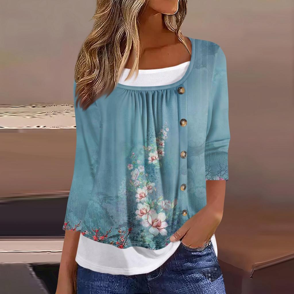 Women's T Shirt Tee Print 3/4 Sleeve Fake Two Pieces Daily Weekend Fashion Basic Regular Top