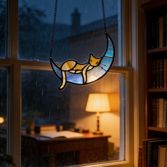 Cat On Moon Hanging Ornament Stained Glass Window Hanging Suncatcher Acrylic Panel Wall Art Memorial Gift for Women Wife Mom Cat Lovers