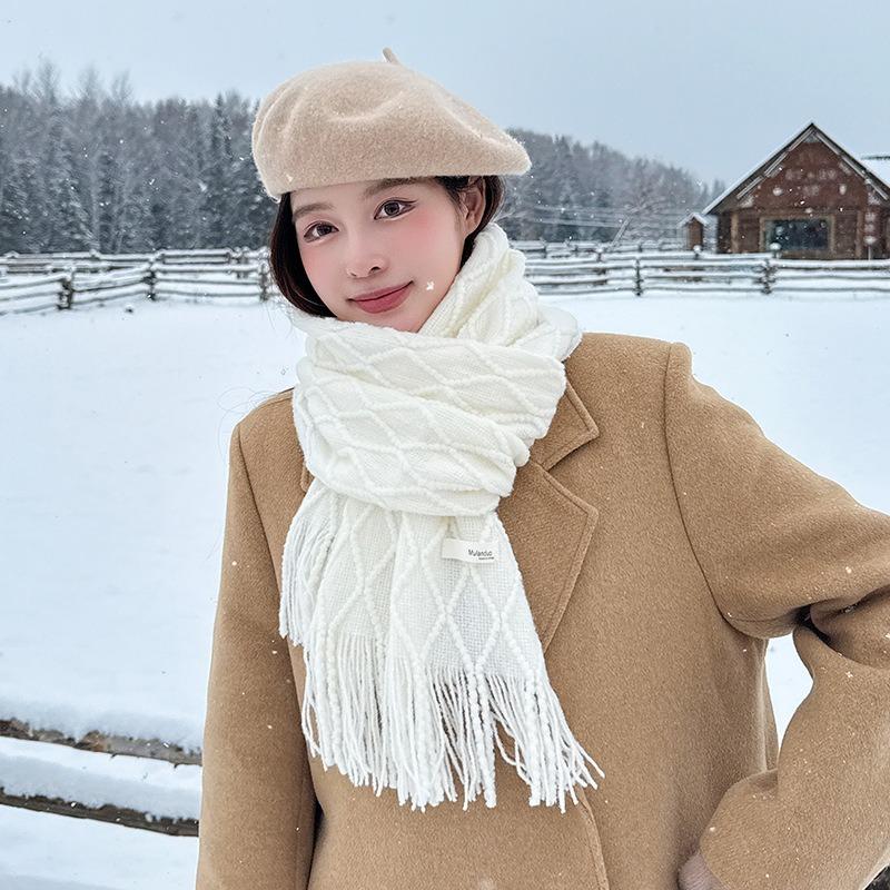 Plaid Imitation Cashmere Scarf Women's Winter New High-end Versatile Shawl Student Warm Scarf White