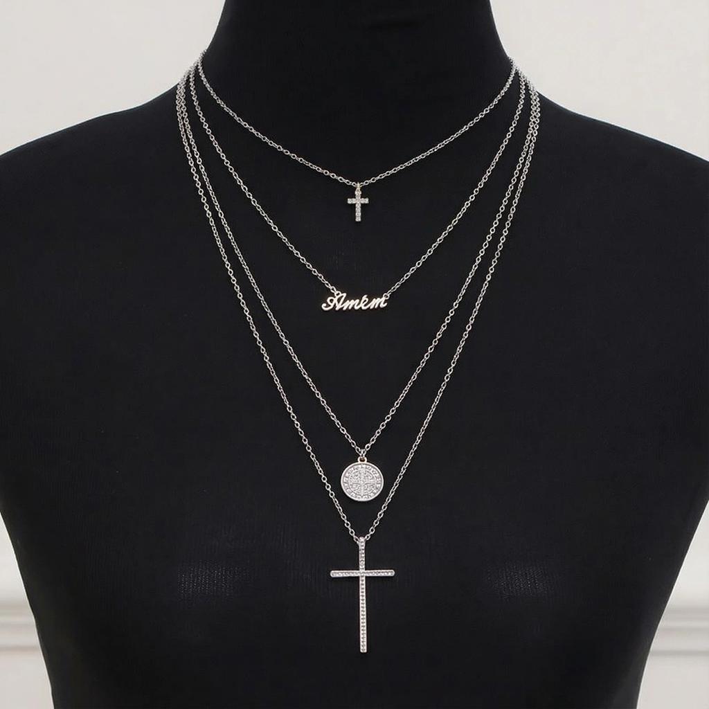 Summer Black Rhinestone Cross Jesus Pendant Choker Necklace for Women Punk Vintage Double Layers Chain Neck Boho Jewelry
