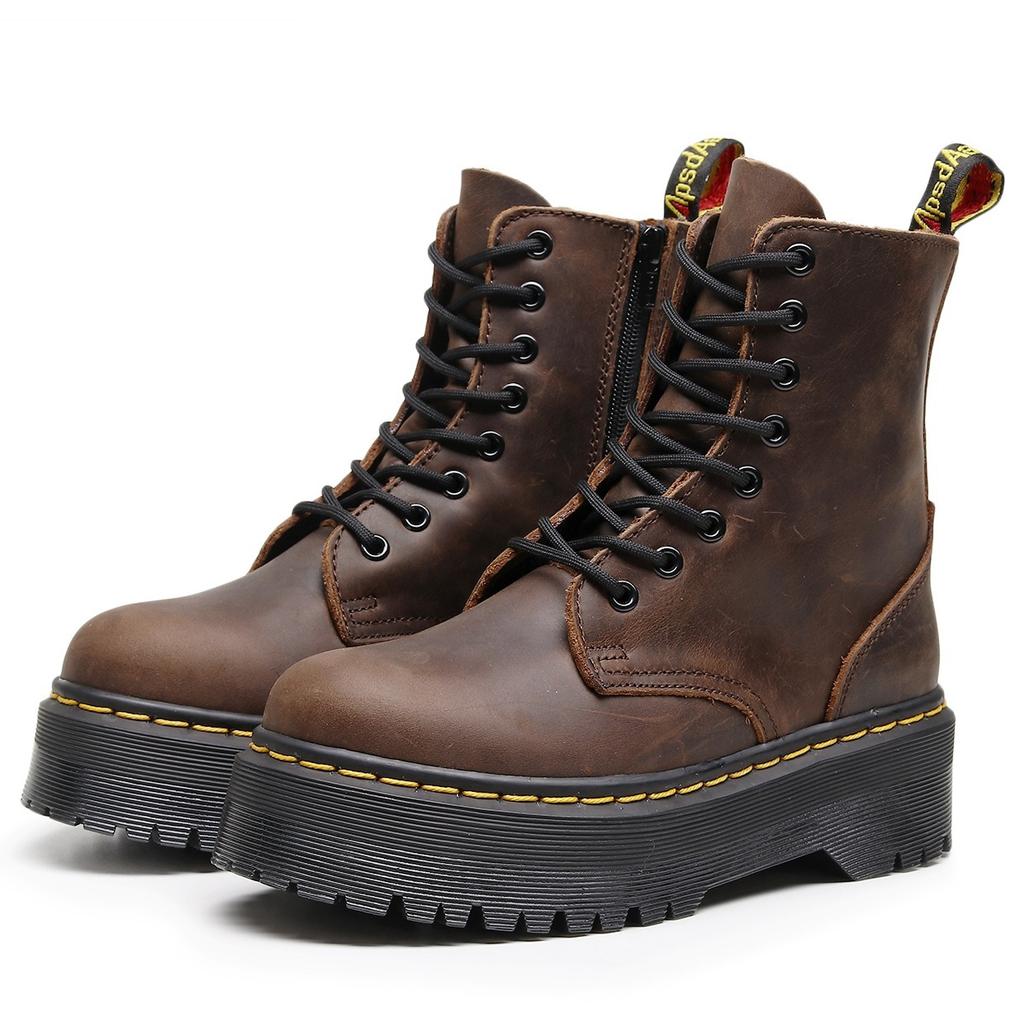 Женские ботинки-локомотивы на толстой подошве с высоким голенищем, коричневые из кожи Crazy Horse, короткие ботинки на платформе с боковой молнией, рабочий стиль