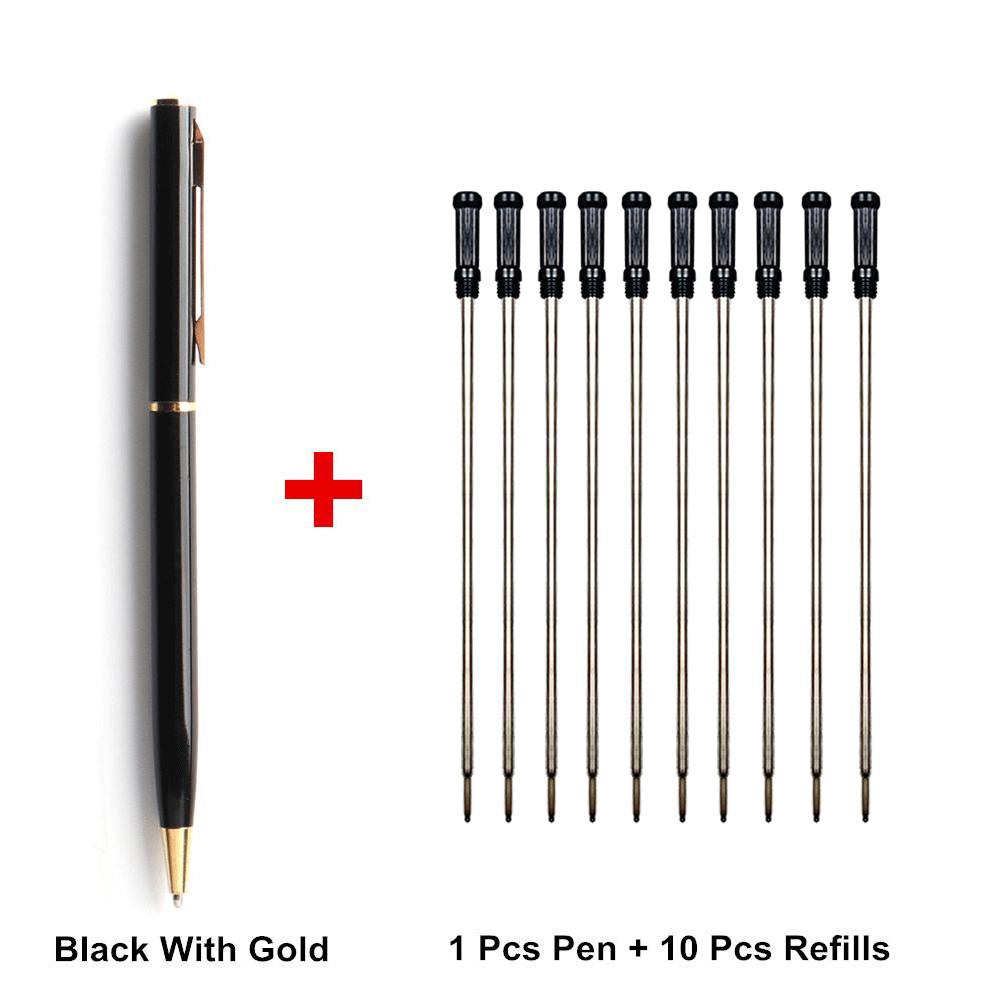 1 ручка + 10 стержней, металлическая шариковая ручка со стержнями для школы, офиса, материал из нержавеющей стали, вращающиеся канцелярские принадлежности, ручки